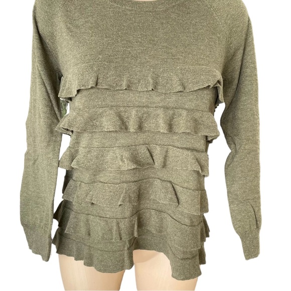 J. CREW Sweater Crew Neck Ruffled Tiers Cotton Wool Knit Olive Green Small - Picture 6 of 15